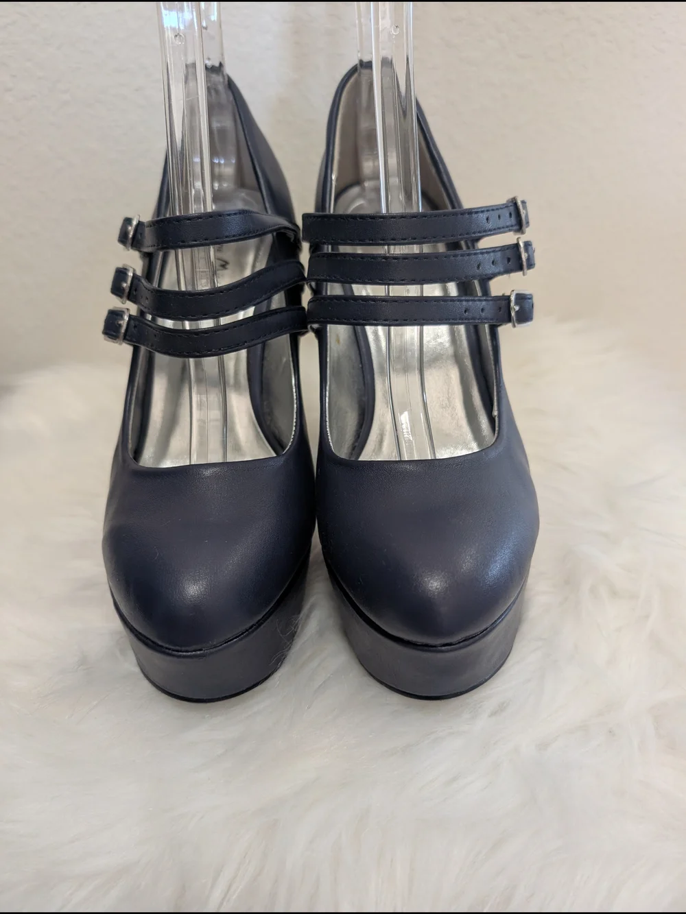 Womens Navy Platform Mary Jane Heels